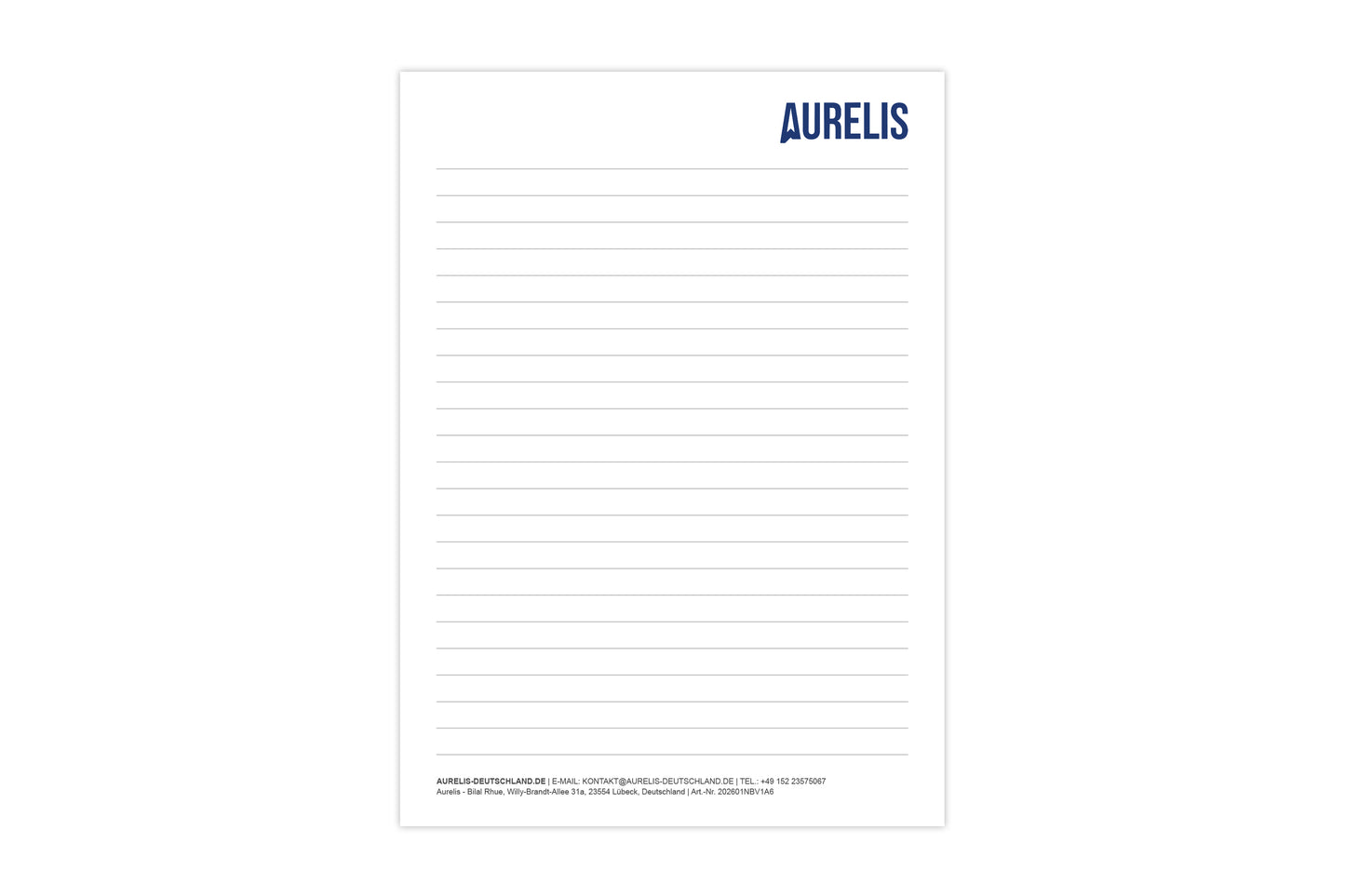 Handlicher Notizblock im Format A6 von Aurelis, Variante: liniert. Kopfgeleimt ohne Deckblatt, mit 50 Blatt 90 g/m² Naturpapier in Weiß.