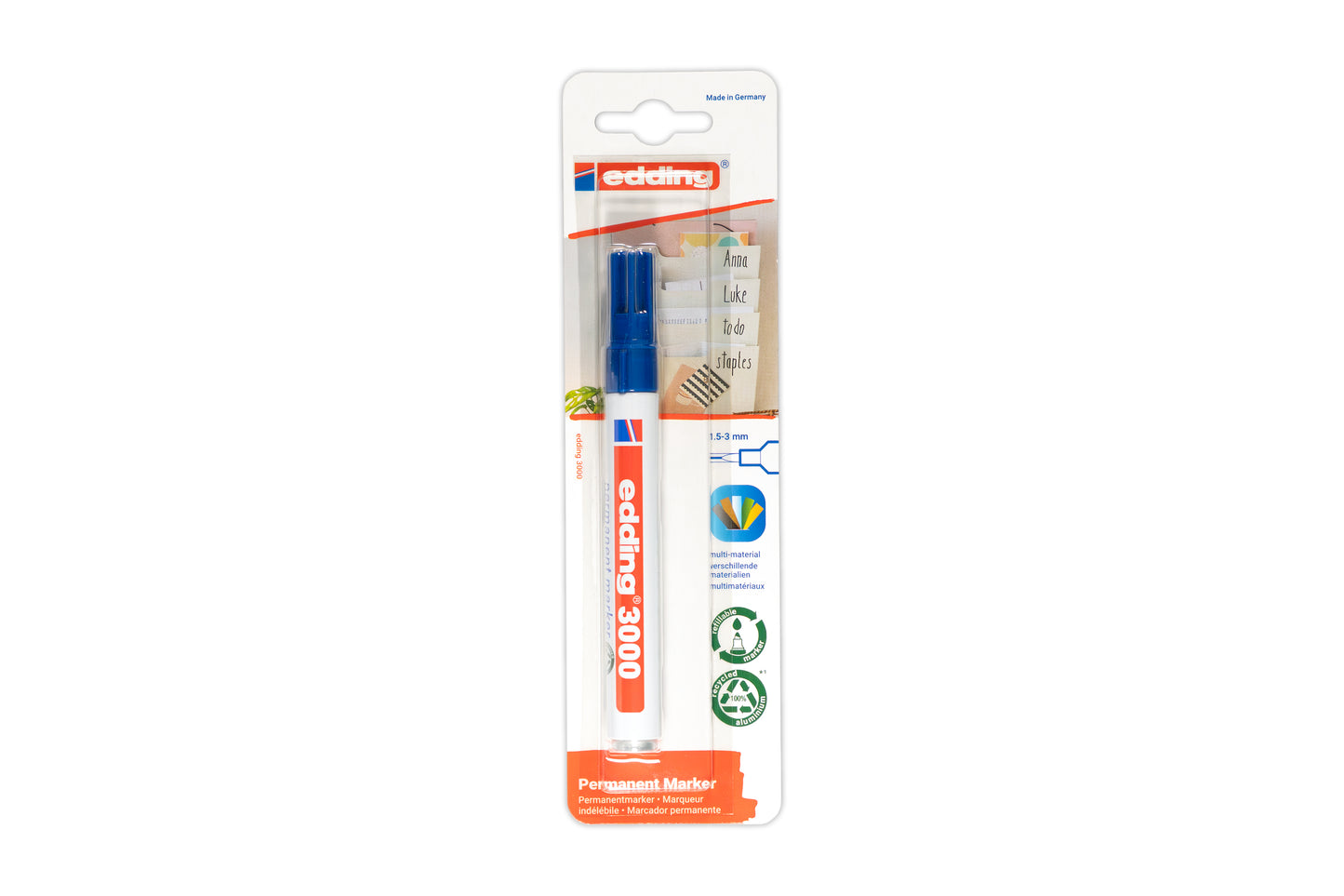 edding® 3000 Permanentmarker blau, zum Markieren und Beschriften fast aller Materialien, z. B. Karton, Papier, Kunststoff, Metall und Glas. Wasser- und abriebbeständig auf fast allen Oberflächen.