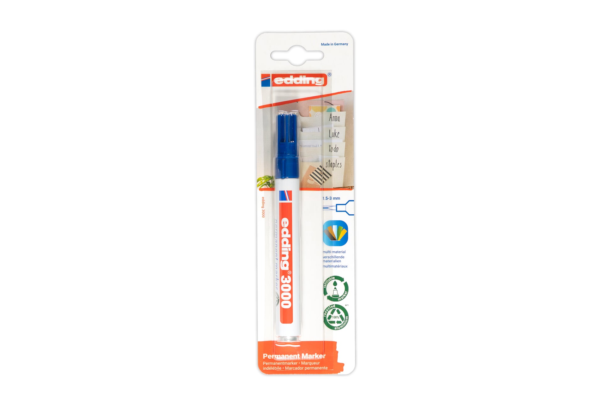 edding® 3000 Permanentmarker blau, zum Markieren und Beschriften fast aller Materialien, z. B. Karton, Papier, Kunststoff, Metall und Glas. Wasser- und abriebbeständig auf fast allen Oberflächen.