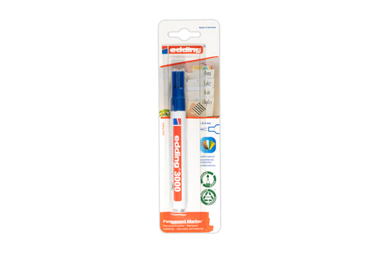 edding® 3000 Permanentmarker blau, zum Markieren und Beschriften fast aller Materialien, z. B. Karton, Papier, Kunststoff, Metall und Glas. Wasser- und abriebbeständig auf fast allen Oberflächen.