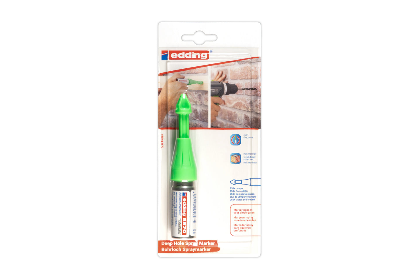 edding® 8870 Bohrloch Spraymarker, ideal zum Markieren von Bohrlöchern und schwer zugänglichen Stellen. Der grüne Spraymarker ermöglicht bis zu 250 Sprühstöße und eignet sich für Löcher bis 50 mm Tiefe.